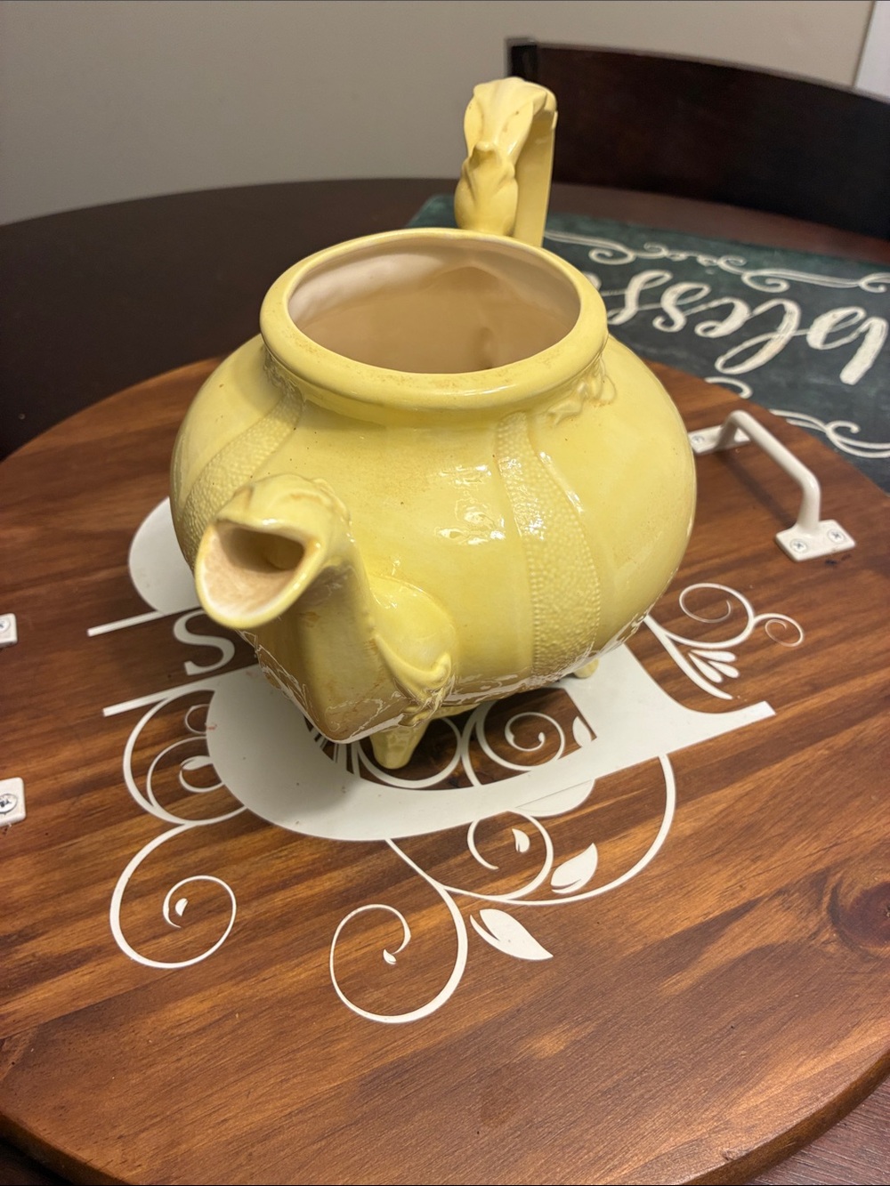 LOMA Yellow Ceramic Teapot Decorative Home Art Mud Century missing top